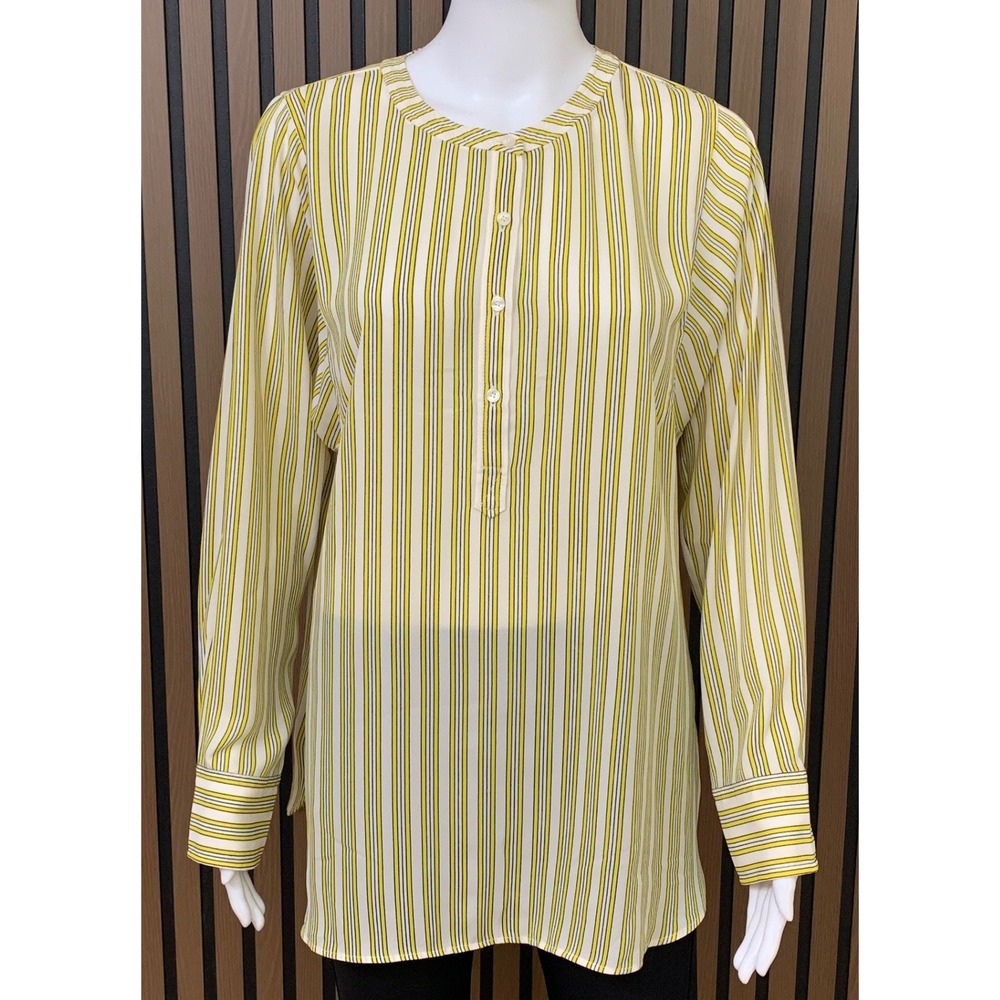 Talbots Women's Yellow Striped‎ Band Collar Button Front Casual Blouse M